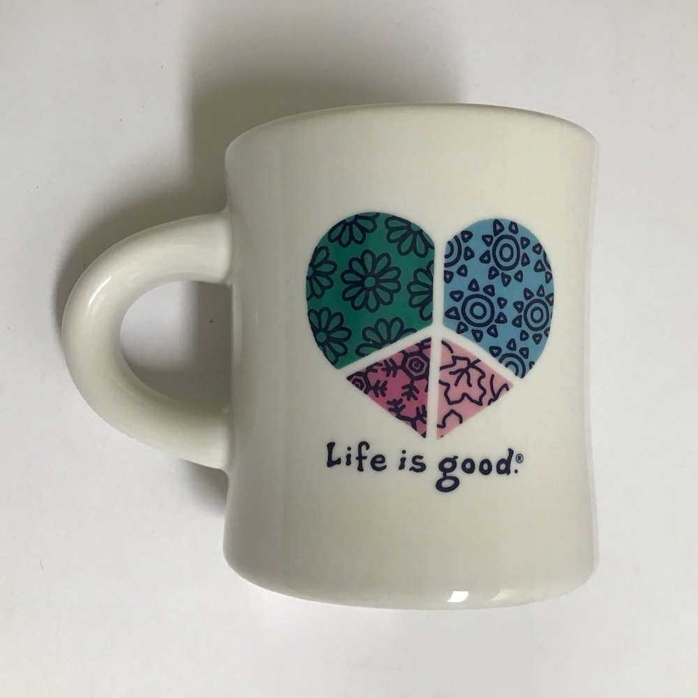 NEW Life Is Good Coffee Mug Heart Peace Sign Do What You Like White Diner Style